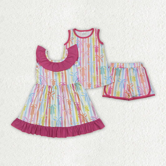 Baby Girl Sleeveless Colorful Stripes Bows Sibling Summer Dress Set Clothes RTS