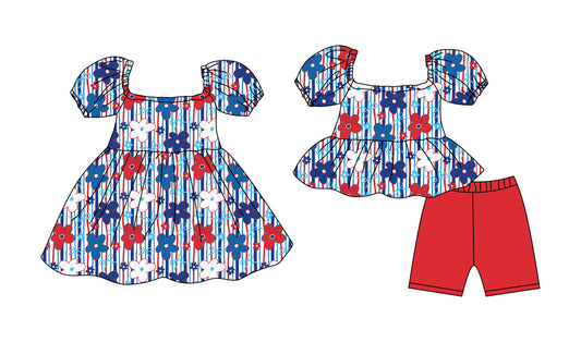 ( Moq 5 Each Style ) Baby Girls Kids Short Sleeves Flower Bows Sibling 4th of July Dress Set