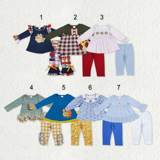 Sibling Baby Girls Long Sleeves Embroidery turkey Tunic Pants Thanksgiving Clothes Sets RTS