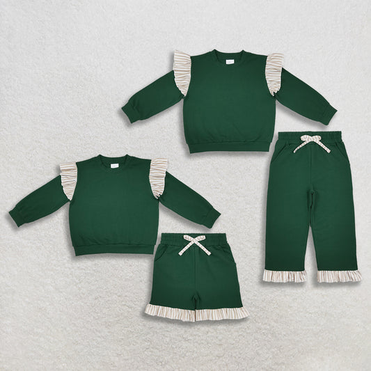 Sibling Baby Girls Kids Long Sleeves Green Tops Bottoms Cotton Sets Clothes RTS