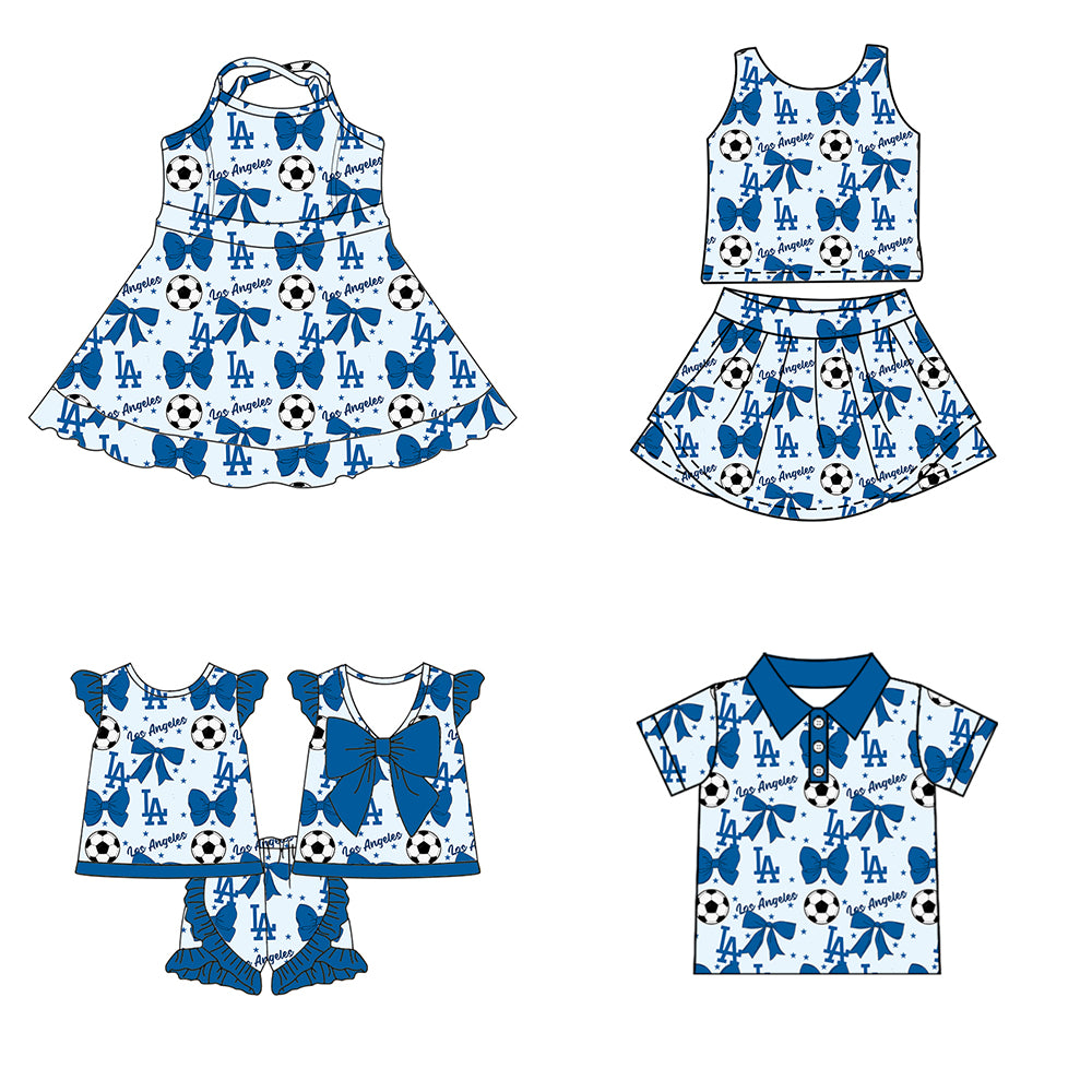 ( Moq 5 each style ) Baby Girl Toddler Team Blue Bows ‌Soccer‌ Sibling Shirt Dress Set