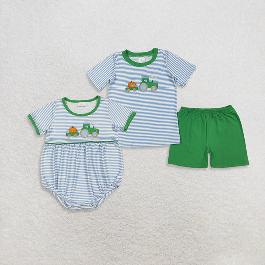 Sibling Boys Girls Short Sleeves Embroidery Pumpkin Tractor Stripes Romper Set RTS