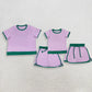 Sibling Baby Girls Adult Women Short Sleeves Purple Cotton Shirts Skirts Shorts Sets Summer Clothes RTS
