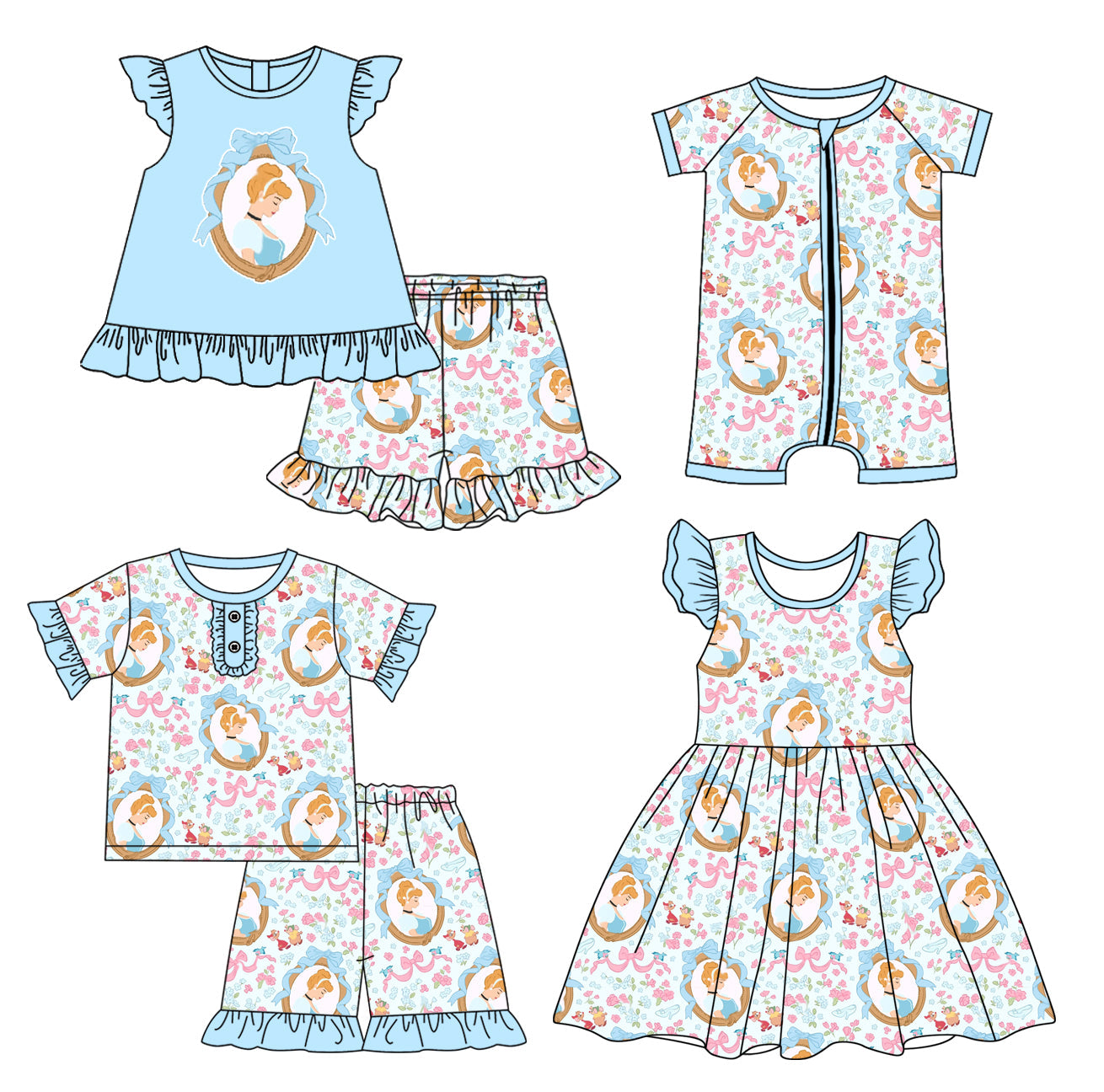 Baby Girl Short Sleeves Princess Blue Sibling Romper Dress Set ( Moq 5 Each Style ) 4.2