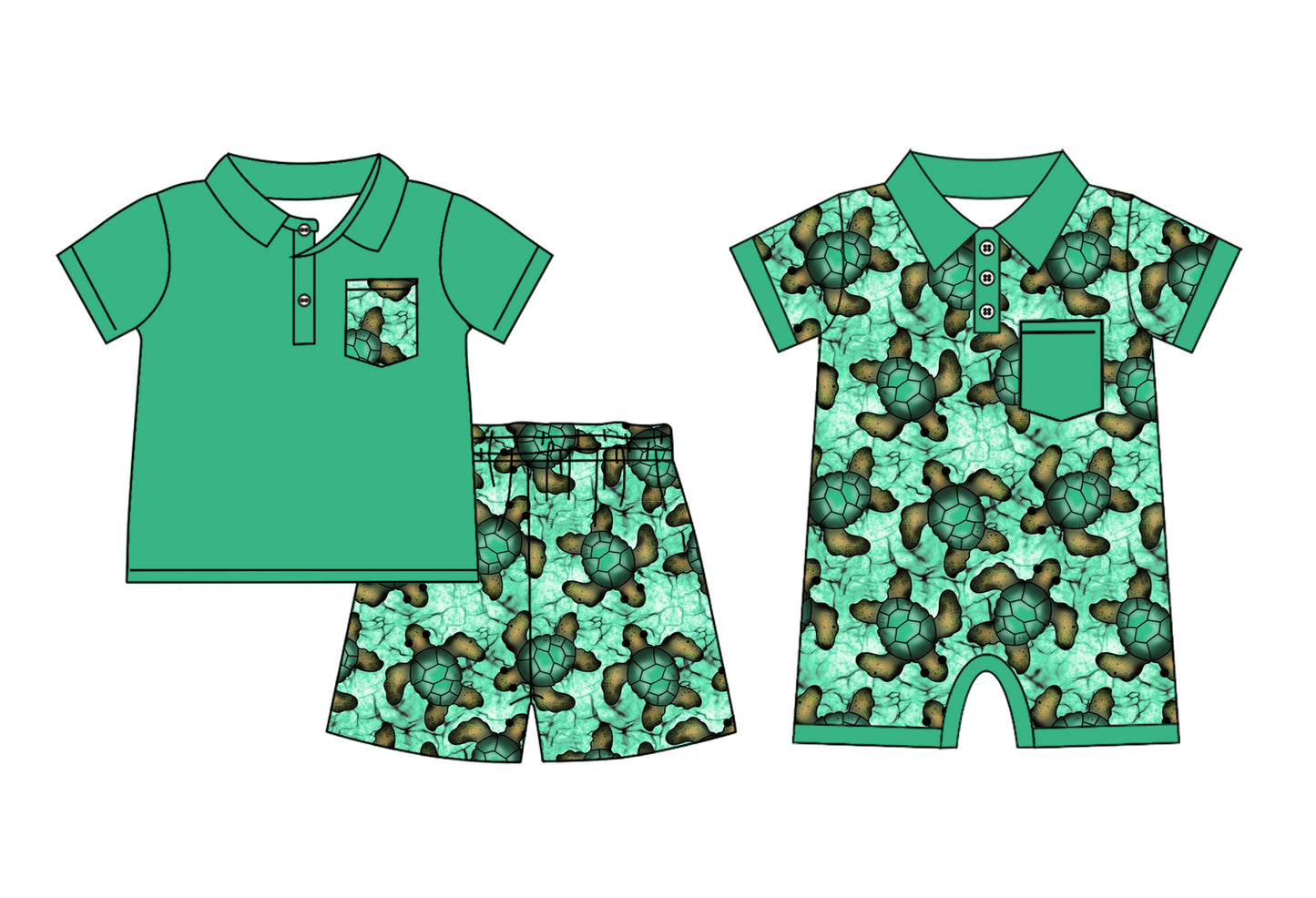 Baby Boy Turtle Green Sibling Matching Romper Set ( Moq 5 Each Design )