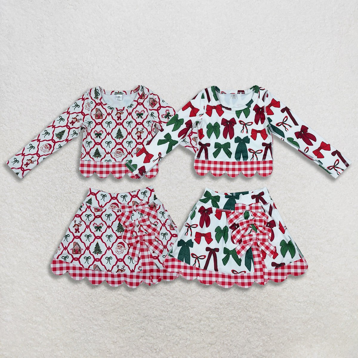 Sibling Baby Girls Kids Santa Bows Shirts Bows Scallop Skirts Shorts Yoga Active Sets Christmas Clothes RTS
