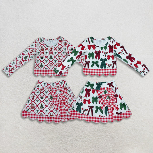 Sibling Baby Girls Kids Santa Bows Shirts Bows Scallop Skirts Shorts Yoga Active Sets Christmas Clothes RTS