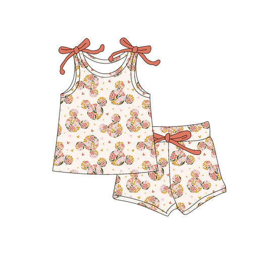 Baby Girl Bows Sleeveless Cartoon Mouse Floral Top Short Set ( Moq 5 )