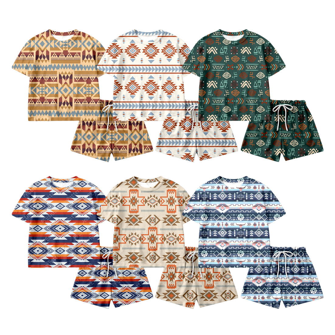 ( Moq 5 Each Style ) Sibling Baby Boys Kids Short Sleeves Western Aztec Shirt Shorts Sets Summer Clothes