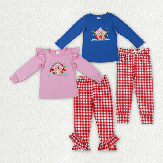 Boys Girls Kids Long Sleeves Embroidery Christmas Candy Cane Sibling Clothes Set RTS
