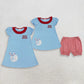 Sibling Baby Girls Kids Embroidery Baseball Bows Blue Tops Stripes Shorts Set Dress Clothes RTS
