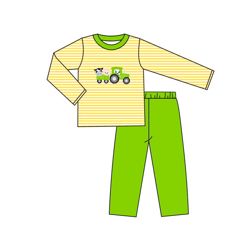 Baby Boy Farm Cow Tractor Print Strips Shirt Green Pants Pajamas Set