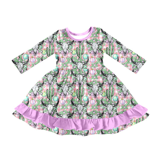 Baby Girl Long Sleeves Christmas Lights Cow Cactus Dress