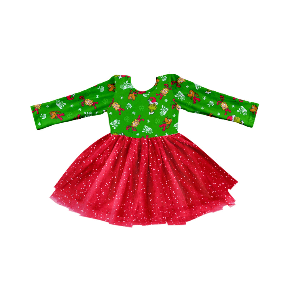 Baby Girl Long Sleeves Christmas Green Face Red Tulle Dress