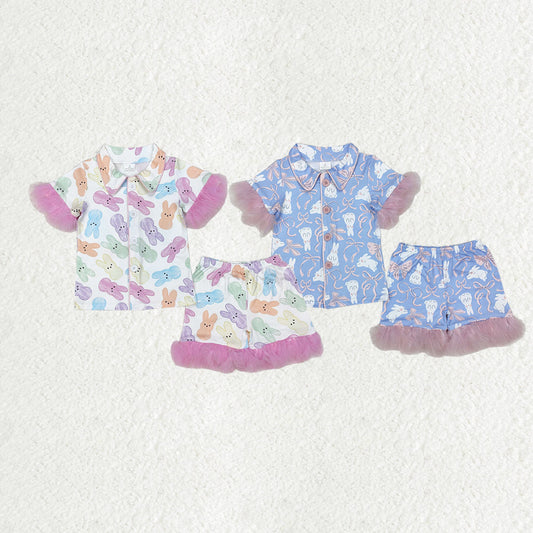 Baby Girl Fur Short Sleeves Easter Rabbits Bows Buttons Shirt Shorts Pajamas Sibling Set RTS