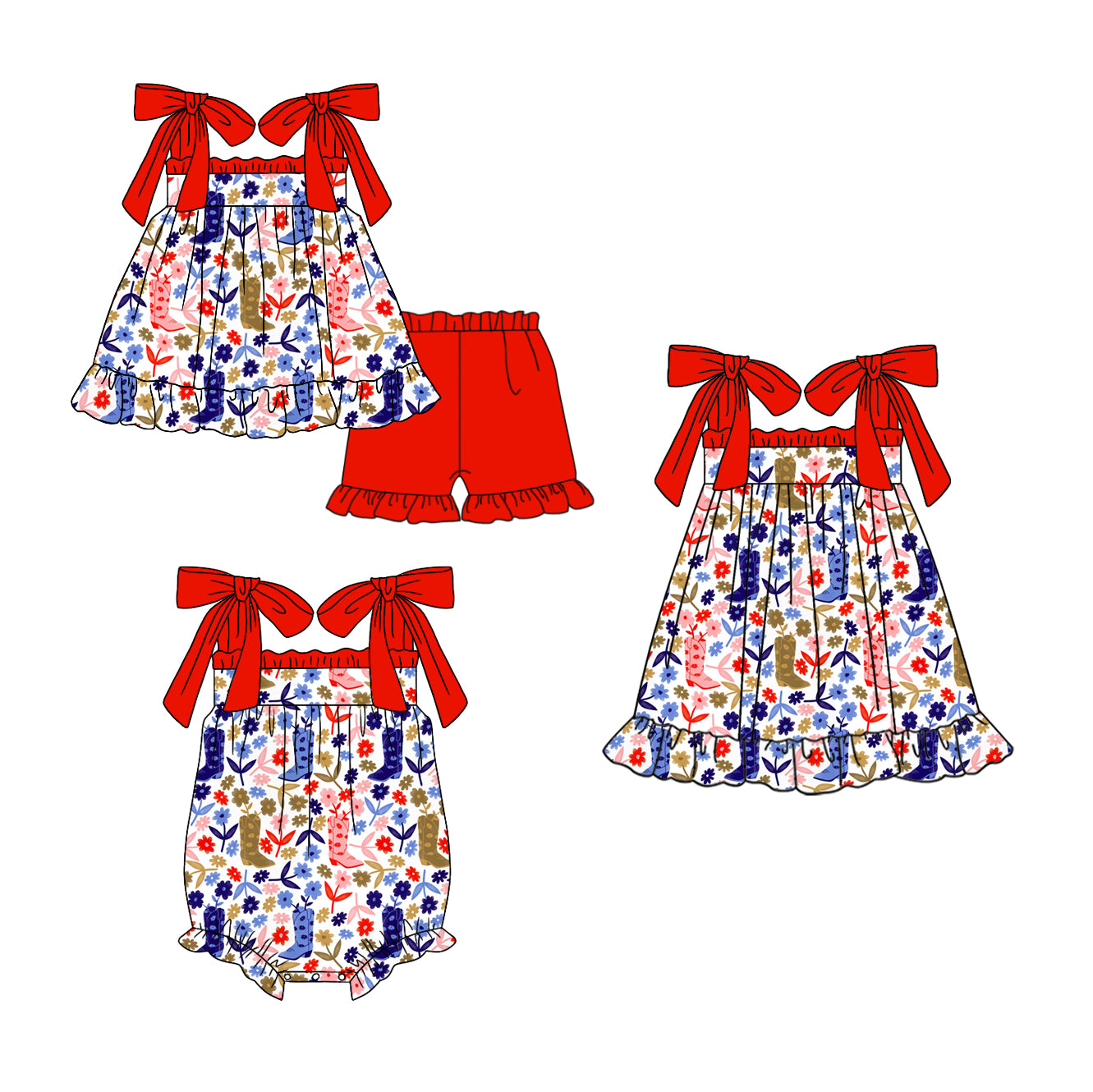 Baby Girl Flower Boots Sibling Summer Romper Dress Clothes Set ( Moq 5 Each Design )11.25