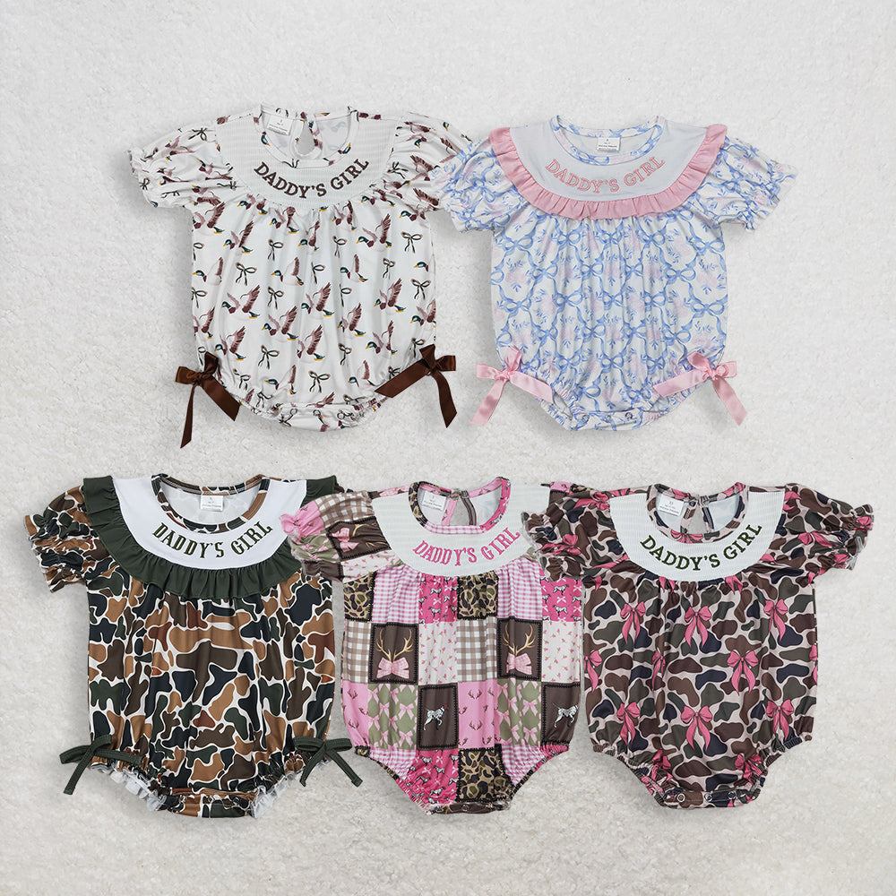 Sibling Baby Girls Kids Short Sleeves Embroidery Daddy's Girl Bubble Rompers Clothes RTS