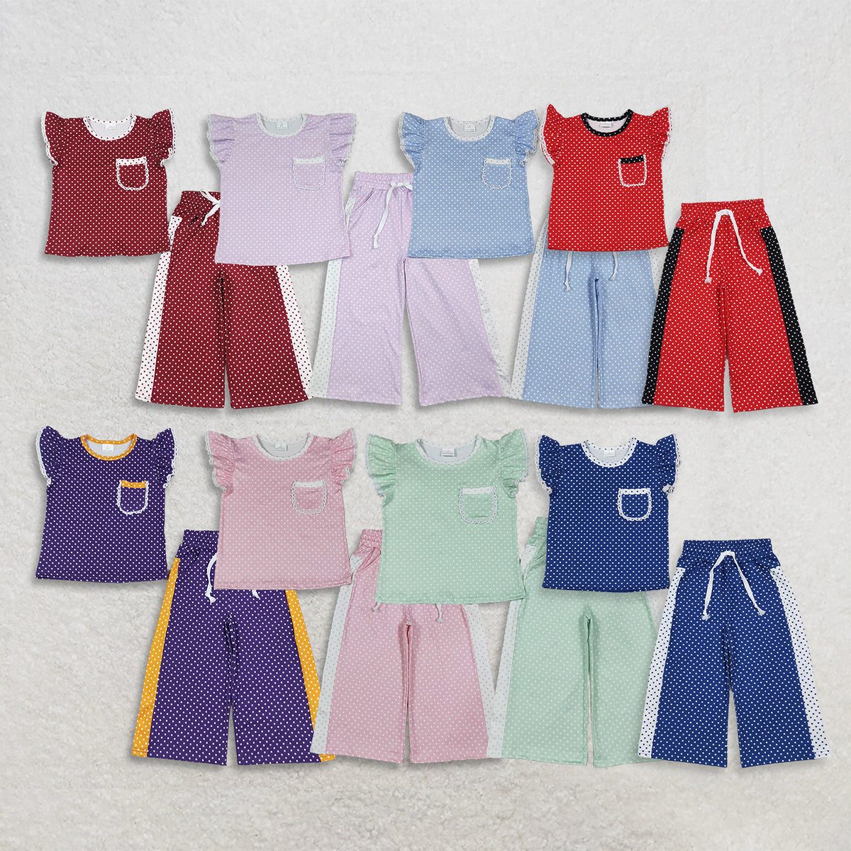 Sibling Baby Girl Kids Short Sleeves Pockets Shirts Dots Pants Sets Clothes RTS