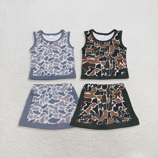 Sibling Baby Girls Kids Sleeveless Camo Tops Skirts Shorts Sets Yoga Active Clothes RTS