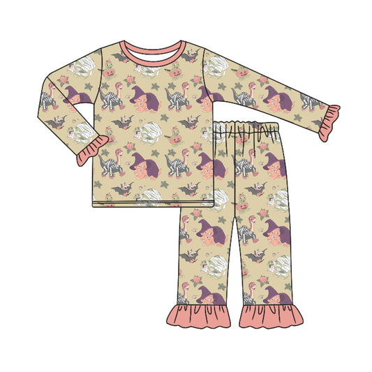 Baby Girl Long Sleeves Dinosaurs Pumpkin Shirt Pants Ruffle Pajamas Halloween Set