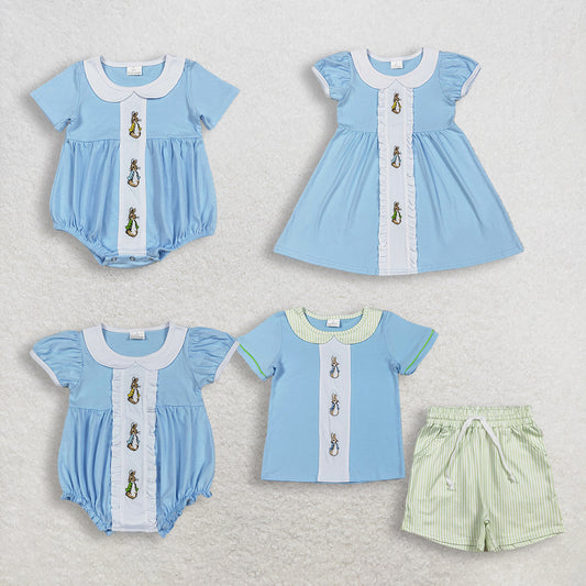 Sibling Baby Boys Girls Embroidery Rabbits Blue Rompers Sets Easter Clothes RTS