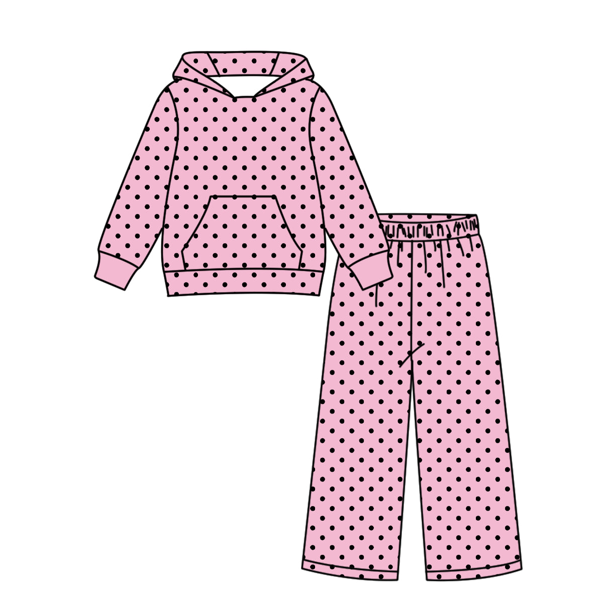 ( Moq 5 ) Custom Baby Girls Kids Long Sleeves Black Dots Hoodie Pullover Pants Pink Set Clothes