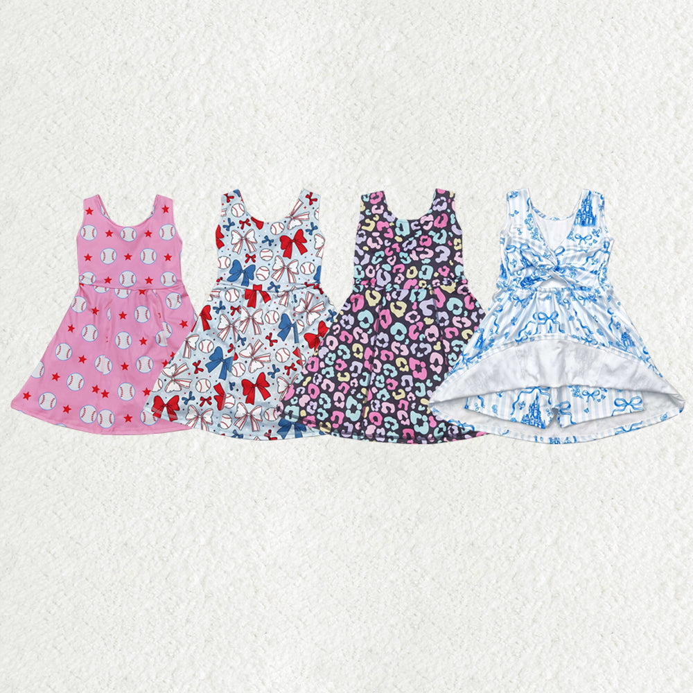 Baby Girl Sleeveless Bows Baseball Leopard Skort Sibling Yoga Active Dress RTS