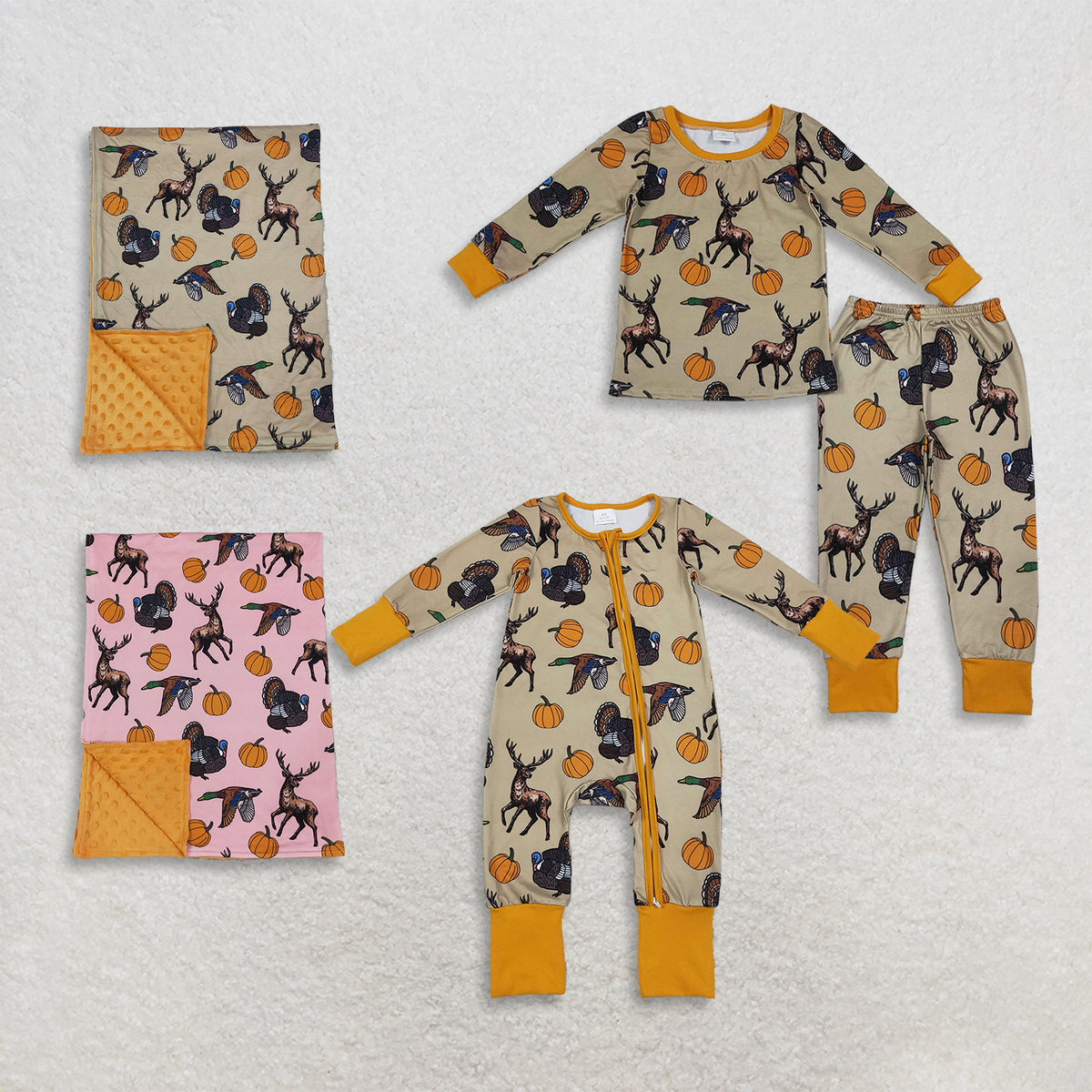Sibling Baby Boys Girls Kids Pumpkins Deer Ducks Zipper Romper Sets Pajamas Blankets Fall Clothes RTS