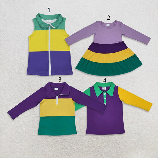 Sibling Baby Boys Girls Purple Yellow Green Mardi Gras Sibling Cotton Shirt Dress Clothes