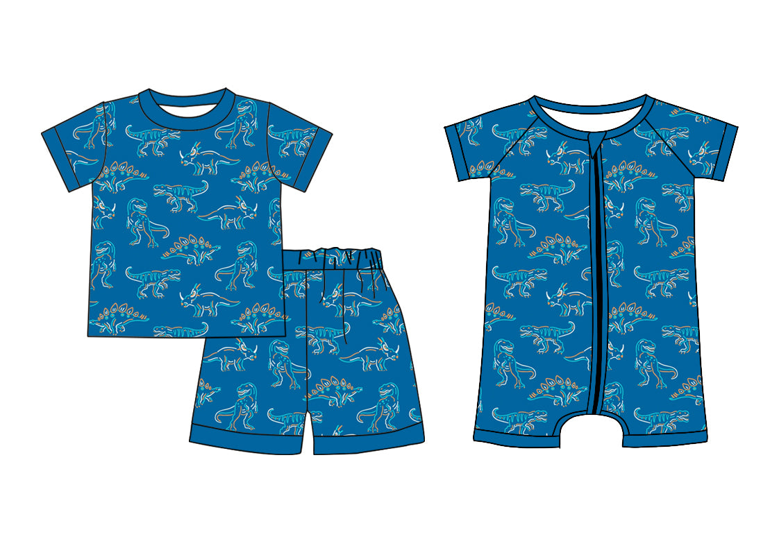 Baby Boy Short Sleeves Dinosaur Sibling Blue Romper Set ( Moq 5 Each Design )