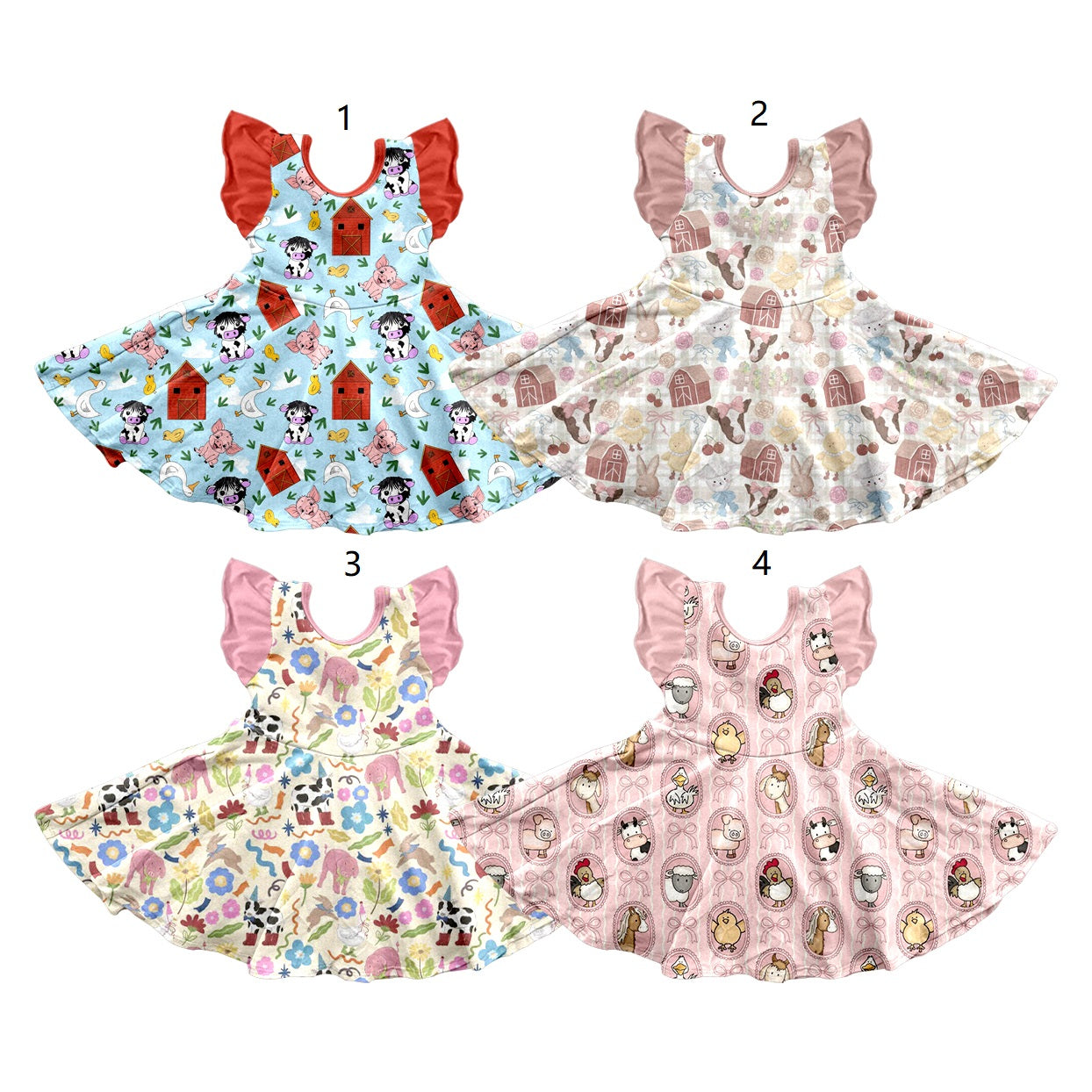 ( Moq 5 Each Style ) Sibling Baby Girls Kids Short Sleeves Farm Animals Knee Length Dresses