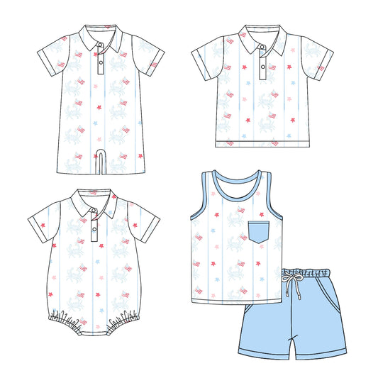 Baby Boy 4th Of July Flags Crabs Sibling Romper Shirt Set ( Moq 5 Each Style ) 3.11