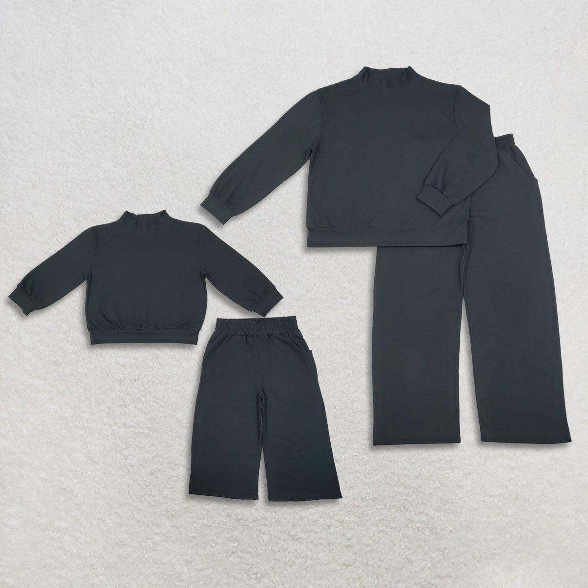 Sibling Baby Girls Adult Women Long Sleeves Black Shirts Pockets Pants Cotton Sets RTS