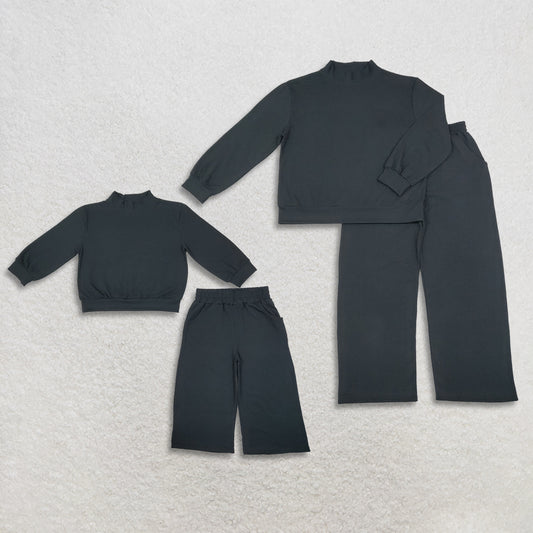 Sibling Baby Girls Adult Women Long Sleeves Black Shirts Pockets Pants Cotton Sets RTS