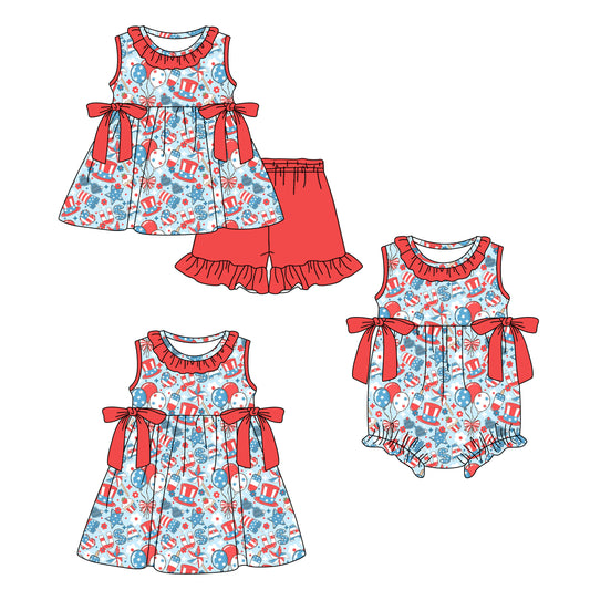 ( Moq 5 Each Style ) Baby Girls Kids Balloons Bows Sibling 4th of July Romper Dress Set