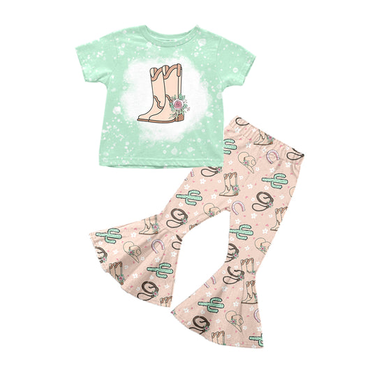 Baby Girl Western Boots Green Shirt Cactus Bell Pants Set