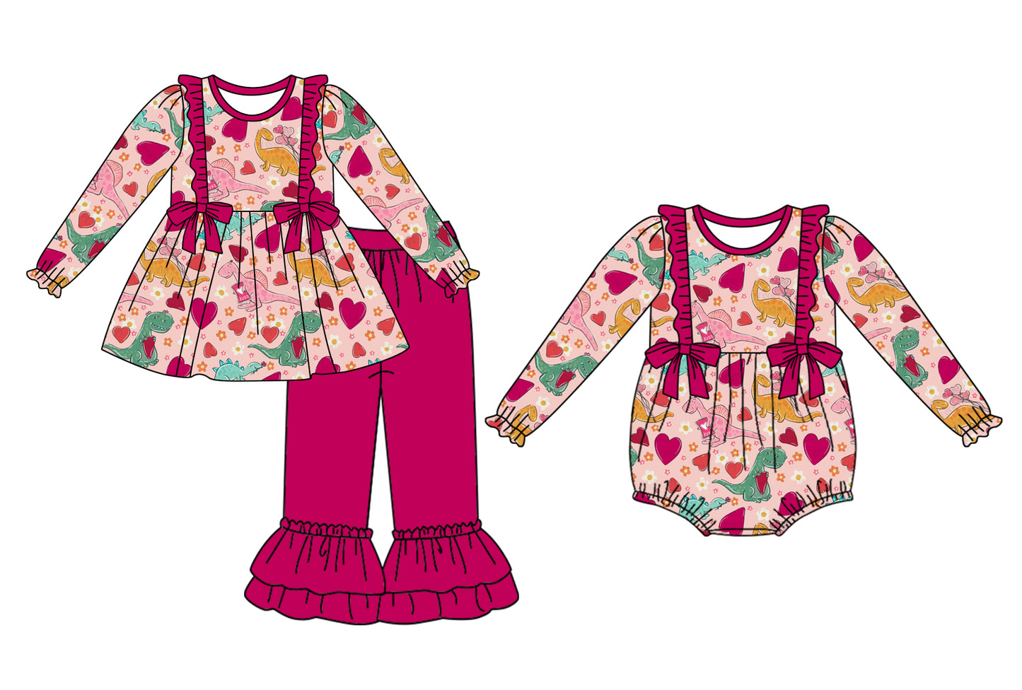 Baby Girl Long Sleeves Dinosaurs Hearts Valentine's Day Sibling Summer Romper Set ( Moq 5 Each Design )
