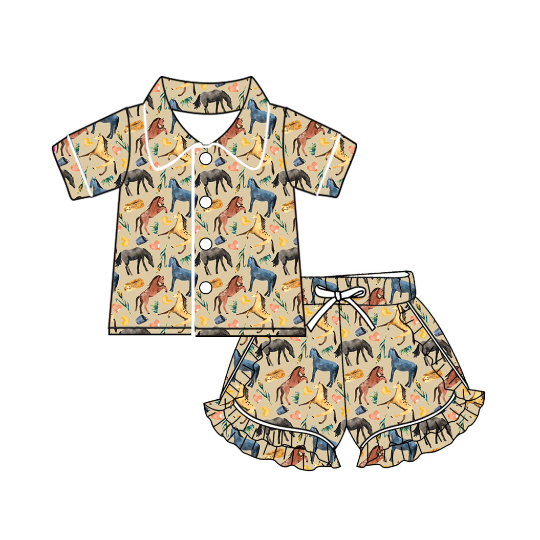 Baby Girl Short Sleeves Western Horse Buttons Shirt Ruffle Shorts Pajamas Set Moq 5