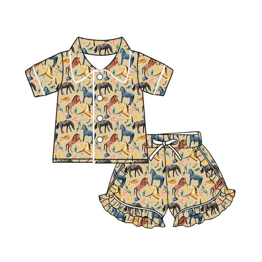 Baby Girl Short Sleeves Western Horse Buttons Shirt Ruffle Shorts Pajamas Set Moq 5