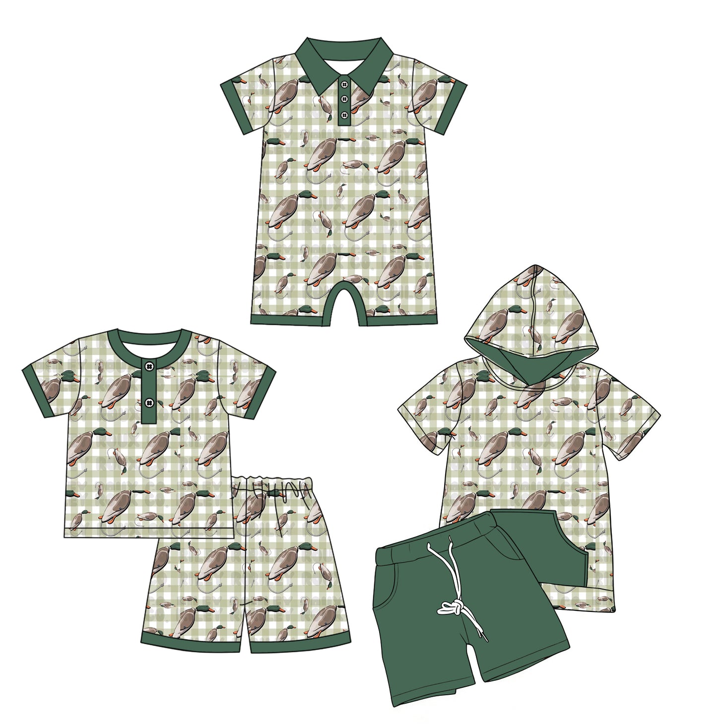 ( Moq 5 Each Style ) Baby Boys Kids Short Sleeves Ducks Plaid Sibling Hunting Romper Sets