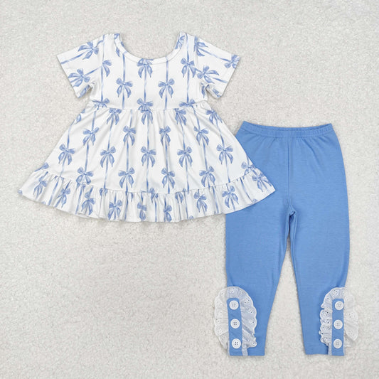 Baby Girl Short Sleeves Bows Tops Blue Legging Cotton Pants Set