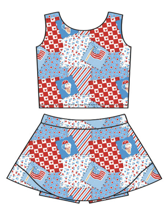 ( Moq 5 ) Baby Girls Kids Sleeveless Flags 4th of July Tops Skirt Shorts Set Clothes