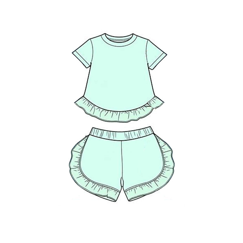 ( Moq 5 ) Preorder Baby Girl Kids Short Sleeves Light Blue Ruffle Tops Shorts Cotton Set Summer Clothes