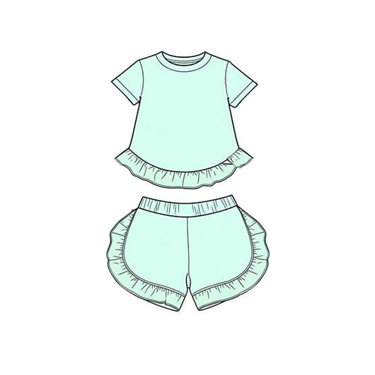 ( Moq 5 ) Preorder Baby Girl Kids Short Sleeves Light Blue Ruffle Tops Shorts Cotton Set Summer Clothes
