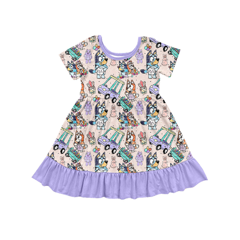 Baby Girl Short Sleeves Easter Rabbit Dogs Ruffle Knee Length Dress Moq 5