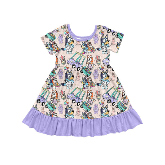 Baby Girl Short Sleeves Easter Rabbit Dogs Ruffle Knee Length Dress Moq 5