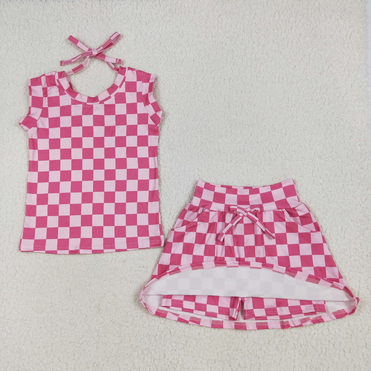Baby Girl Sleeveless Pink Checked Tops Pockets Shorts Skirt Skort Set RTS