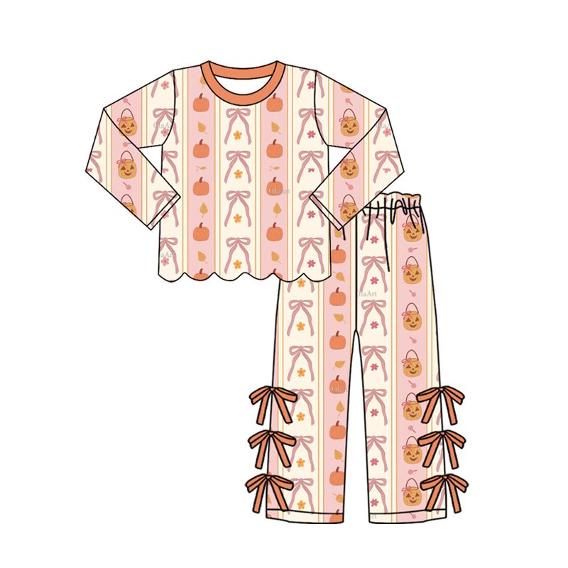 ( Moq 5 ) Preorder Baby Girls Kids Pumpkins Scallop Shirt Bows Pants Set Fall Clothes