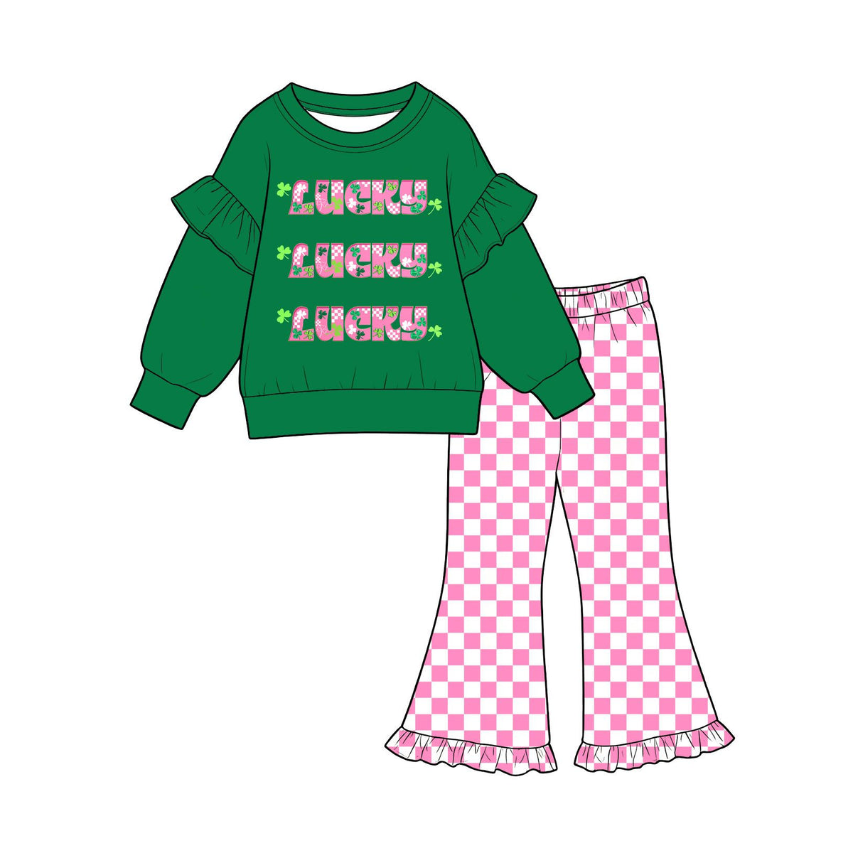 ( Moq 5 ) Preorder Baby Girls Kids Clovers Green Shirt Checked Pants Set St Patrick Clothes