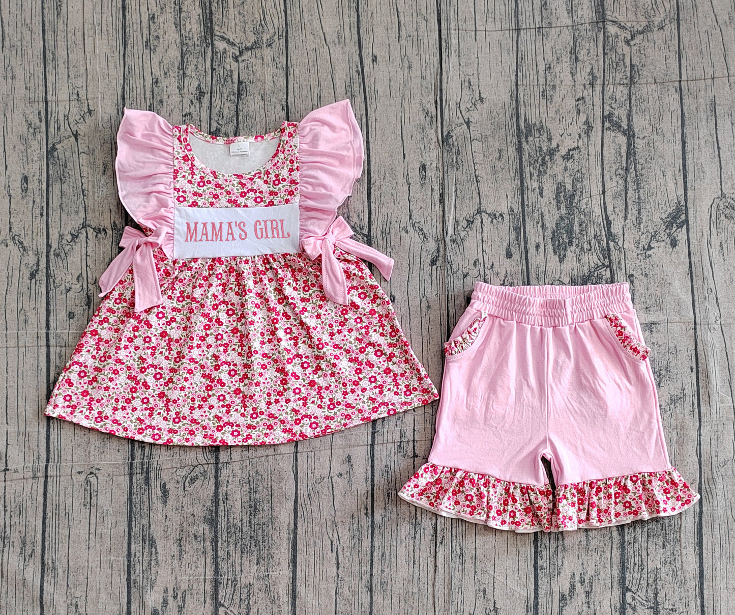 ( No moq ) Preorder Baby Girls Kids Short Sleeves Mama's Girl Flower Tunic Pockets Pink Shorts Set